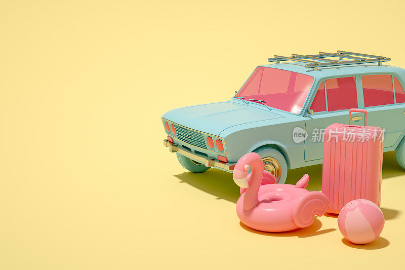 3D汽车和行李,最小的夏季和旅游概念
