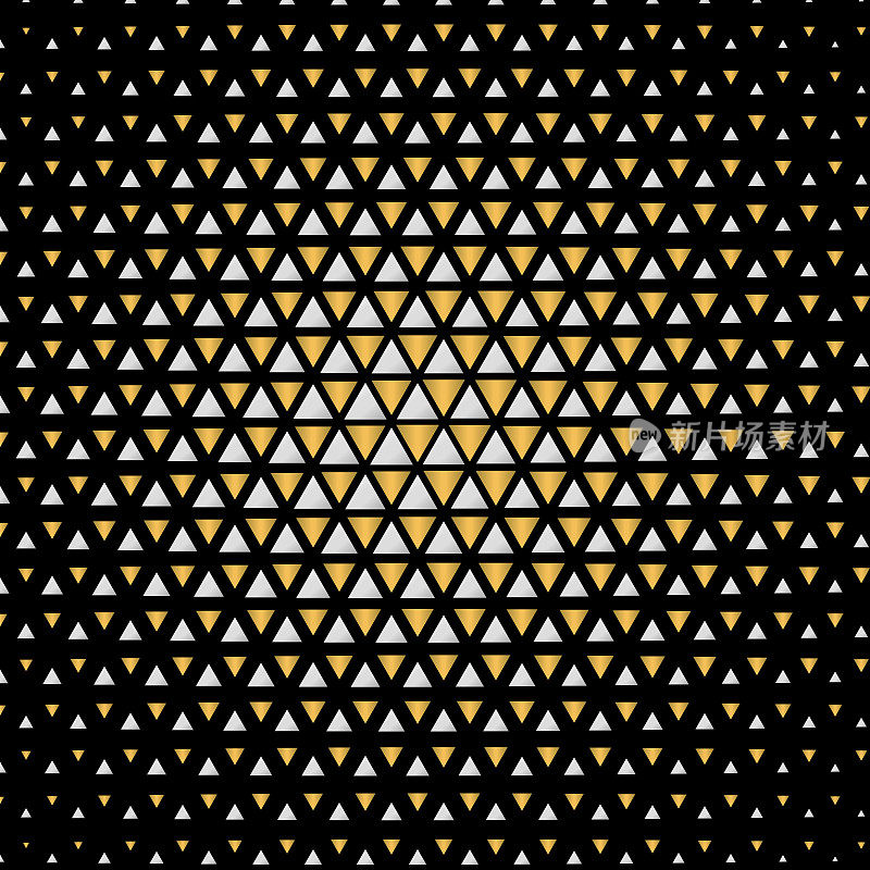 均匀间隔，径向大小梯度。基于三角形的金色和银色3d反射。模式背景说明。在黑色