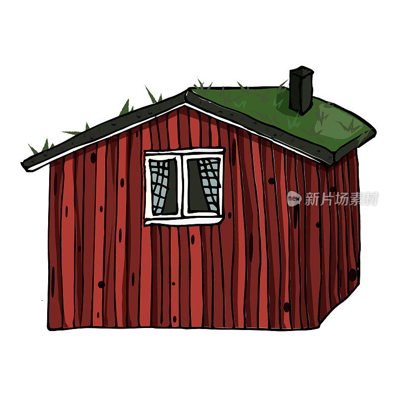 加拿大和斯堪的纳维亚木制红色孤立的房子，屋顶上的草在白色背景
