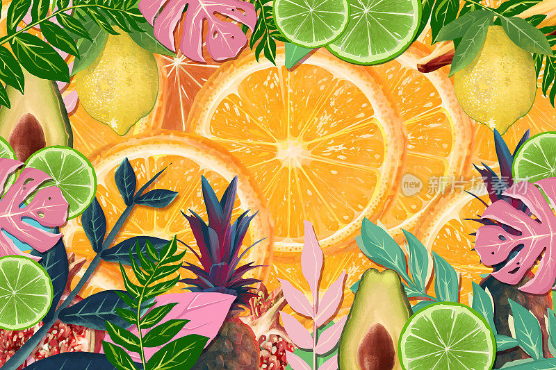 逼真的柑橘类水果和热带花卉