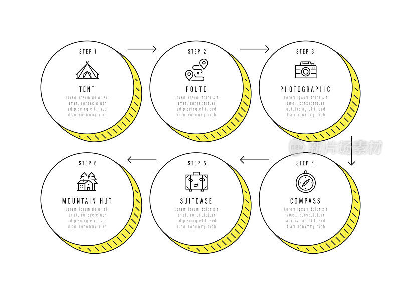 信息图表设计模板。帐篷，路线，摄影，指南针，手提箱，山小屋图标6个选项或步骤。