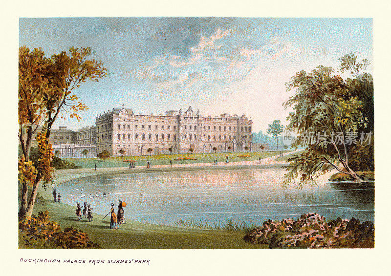 圣詹姆斯公园的白金汉宫，维多利亚时代的伦敦地标，19世纪