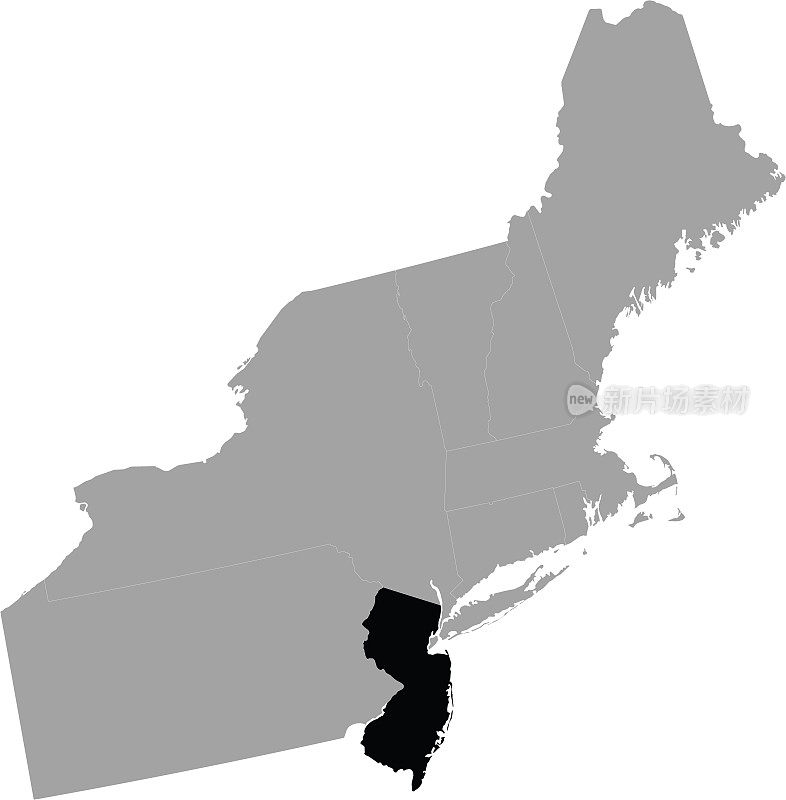 美国联邦新泽西州的黑色地图，位于美国东北部地区的地图内