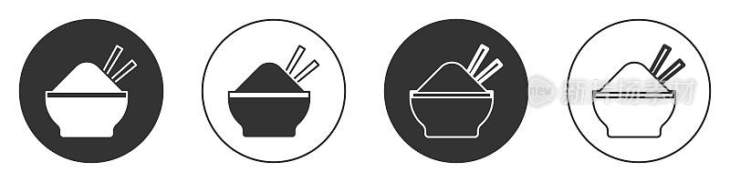 黑米碗与筷子图标孤立在白色背景。传统的亚洲食品。圆按钮。向量
