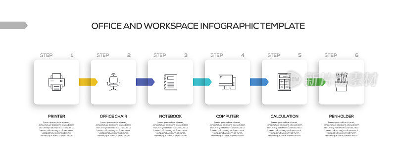 办公室和工作区相关的流程信息图表模板。过程时间图。带有线性图标的工作流布局