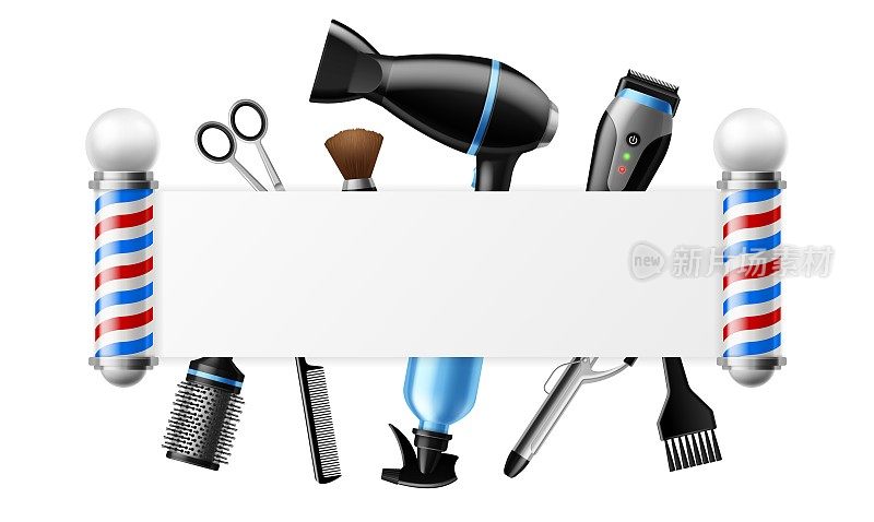 现实的理发工具。3D美发师专业对象。沙龙或理发店的广告框。护发设备组成。发型工具和条纹灯。向量的概念