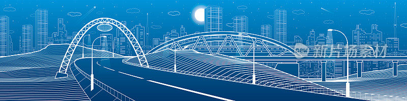 桥下的公路。火车。现代夜城，霓虹灯城。基础设施概述插图，城市场景。蓝底白线。矢量设计艺术