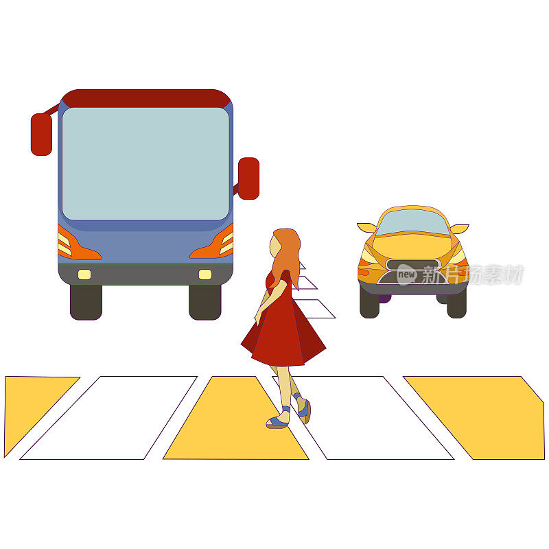 女性行人和公共交通和一辆汽车过马路的白色孤立背景，向量女性在十字路口，道路交通和城市生活的概念，行人和汽车。