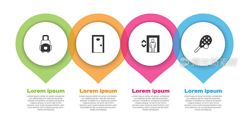 设置旅行箱、酒店门、电梯、网球拍和球。业务信息模板。向量