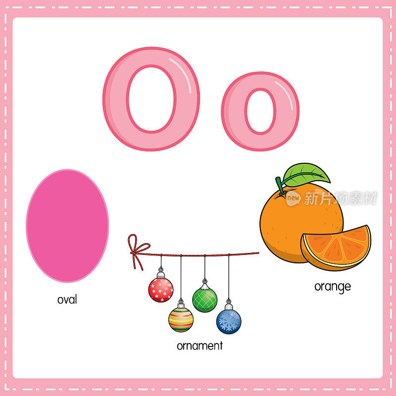 向量插图学习字母O的小写和大写的儿童与3卡通图像。橙色椭圆形装饰。