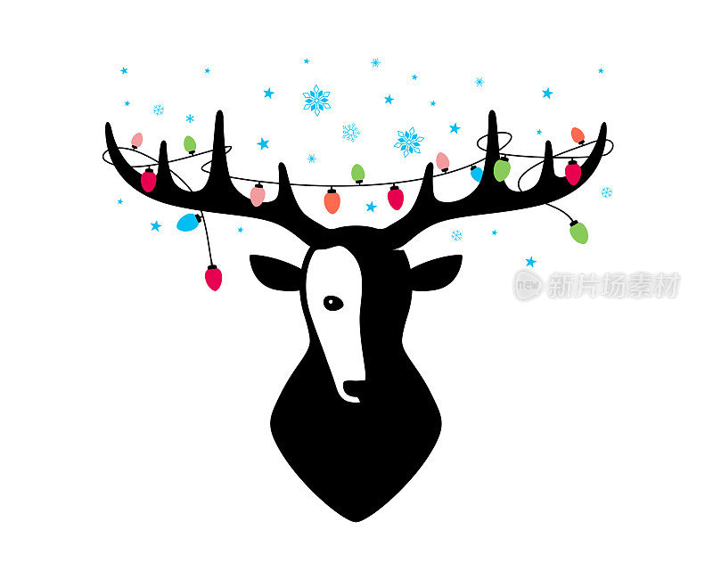 鹿的肖像，戴着圣诞灯泡，很酷的风格。矢量插图股票