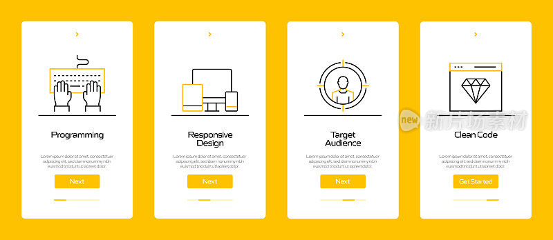 搜索引擎优化概念Onboarding移动应用程序页面屏幕与平面图标。UI设计模板矢量插图