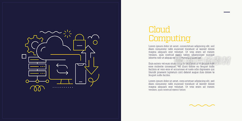 向量集说明云计算的概念。线条艺术风格的网页，横幅，海报，印刷等背景设计。矢量插图。