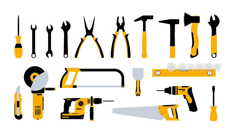 建筑工具锤修木工背景。家用电动工具螺丝刀工具箱收集