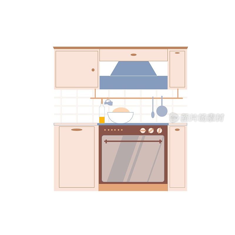 平面卡通炉，烤箱，烹饪桌与橱柜和排气罩，家庭家具，厨房设置室内元素矢量插图概念