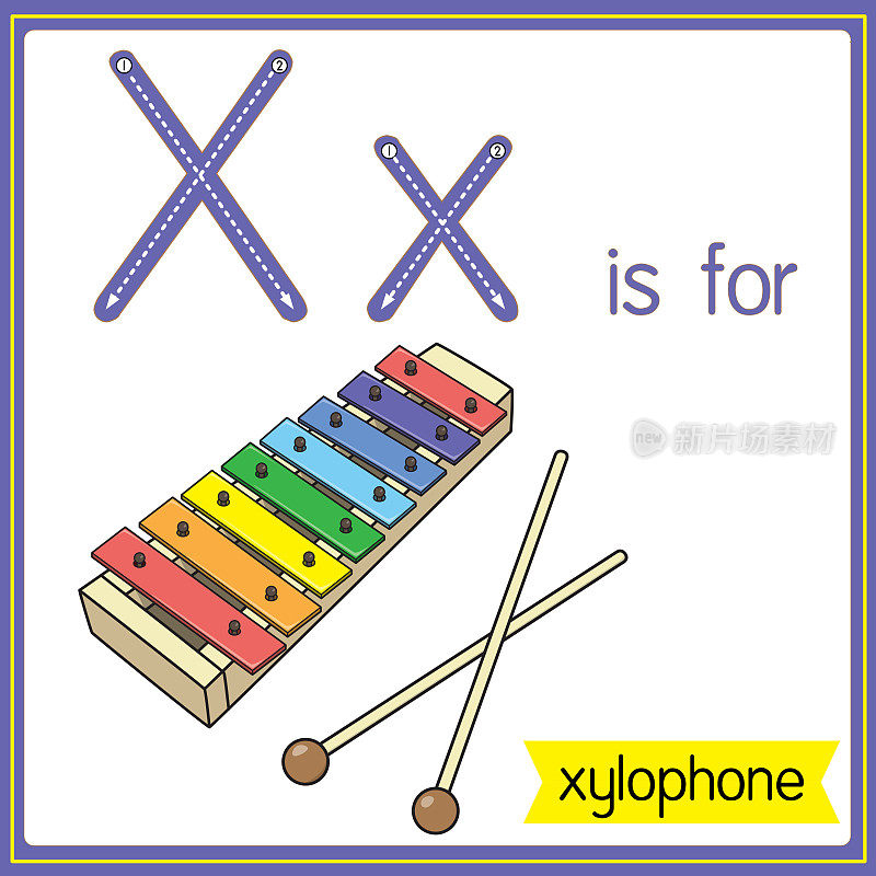 矢量插图学习字母为儿童与卡通形象。字母X代表木琴。