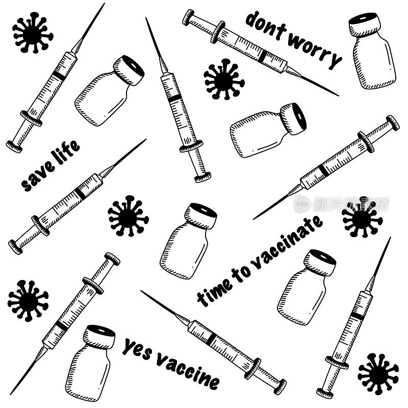 疫苗接种涂鸦的概念。COVID-19冠状病毒疫苗瓶和医疗注射器。