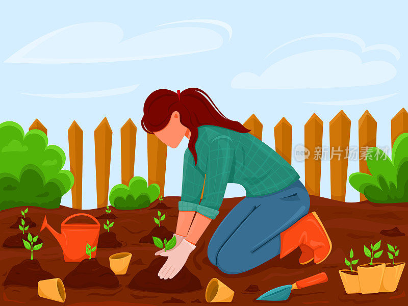 女孩园艺和种植年轻的蔬菜芽。在春天的花园里做季节性的工作，用设备和工具来种植植物和作物