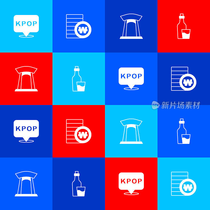 设置K-pop，韩币，门和烧酒瓶图标。向量