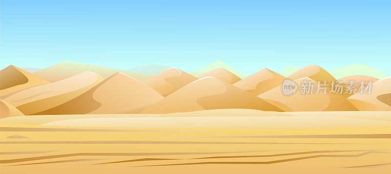 炎热的沙漠。风的痕迹和沙中的涟漪。南部乡村景观。很酷的卡通风格。向量