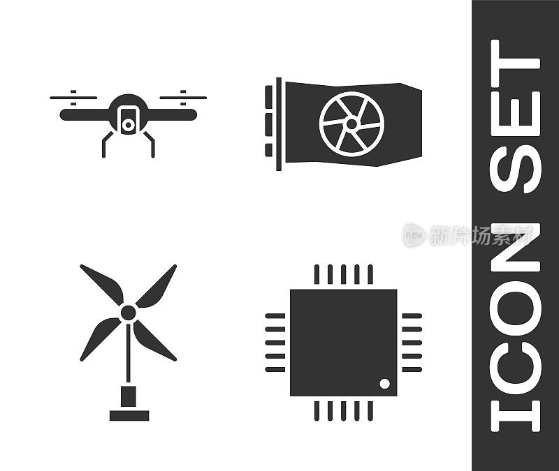 设置处理器与微电路CPU，无人机飞行，风力涡轮机和视频图形卡图标。向量