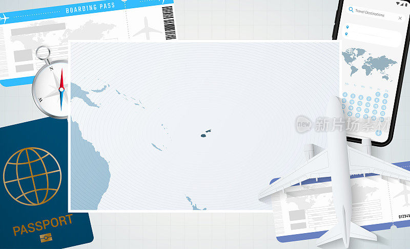 斐济之旅，斐济地图插图。背景有飞机，手机，护照，指南针和机票。