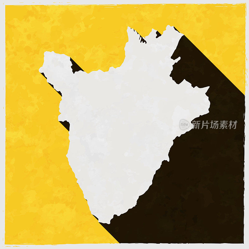 布隆迪地图与纹理黄色背景上的长阴影