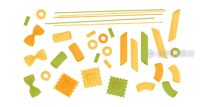 意大利面向量集，通心粉，蝴蝶面，意大利面，通心粉，意大利粉，意大利饺子图标。食品说明