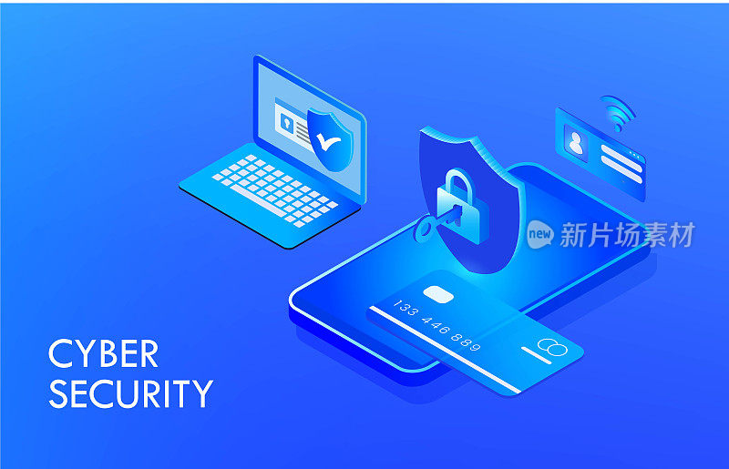 网络安全和数据隐私保护的概念。安全的数据管理，保护数据免受黑客攻击和挂锁图标，以互联网技术的网络矢量插图