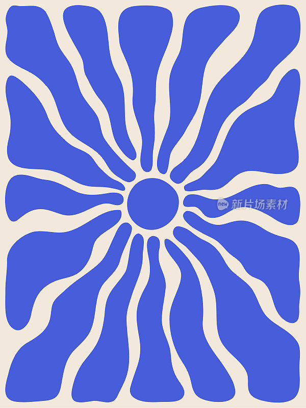 复古矢量室内海报嬉皮风格。70年代和60年代时髦的明信片。带有白色背景蓝色斑点的迷幻隔离图案。墙纸，明信片，标签的抽象形状