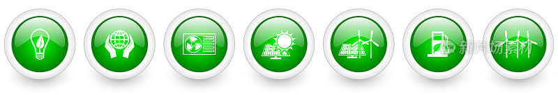 一套可再生能源和环保概念网页图标，白色背景上的绿色圆形按钮