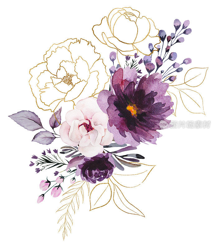 花束制成水彩紫色和金色牡丹花和叶子插图