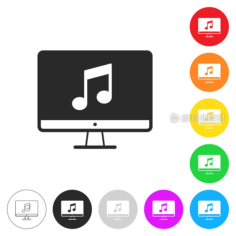 台式电脑上的音乐。彩色按钮上的图标
