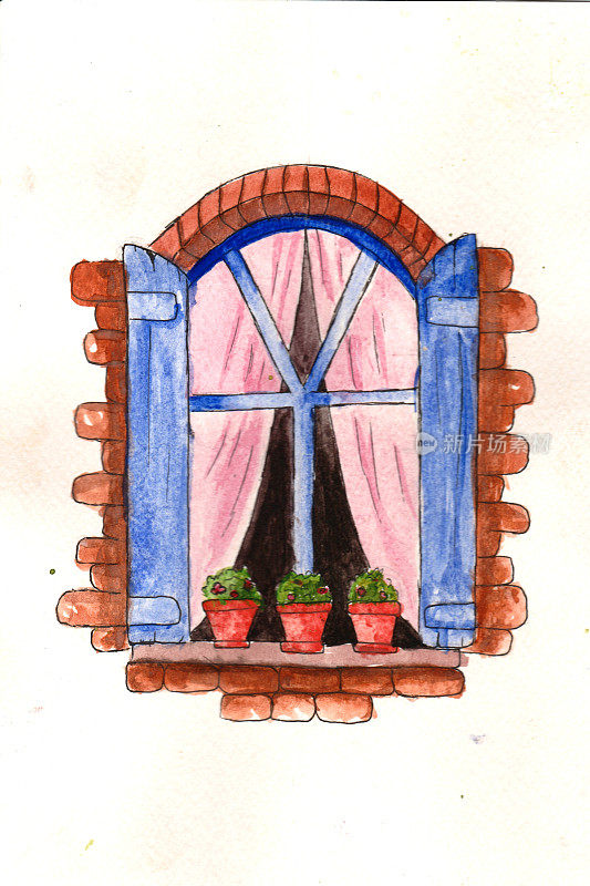 卡通窗口与白色背景上的花朵。蓝色的窗户，粉红色的窗帘。