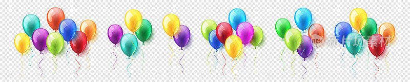 彩带飘动的彩色氦气球。生日聚会庆祝。现实的光滑的气球。设计元素的婚礼或周年纪念贺卡。矢量图