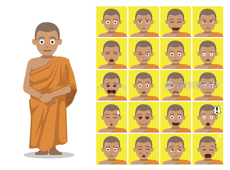 宗教佛教僧人卡通情感面矢量插画