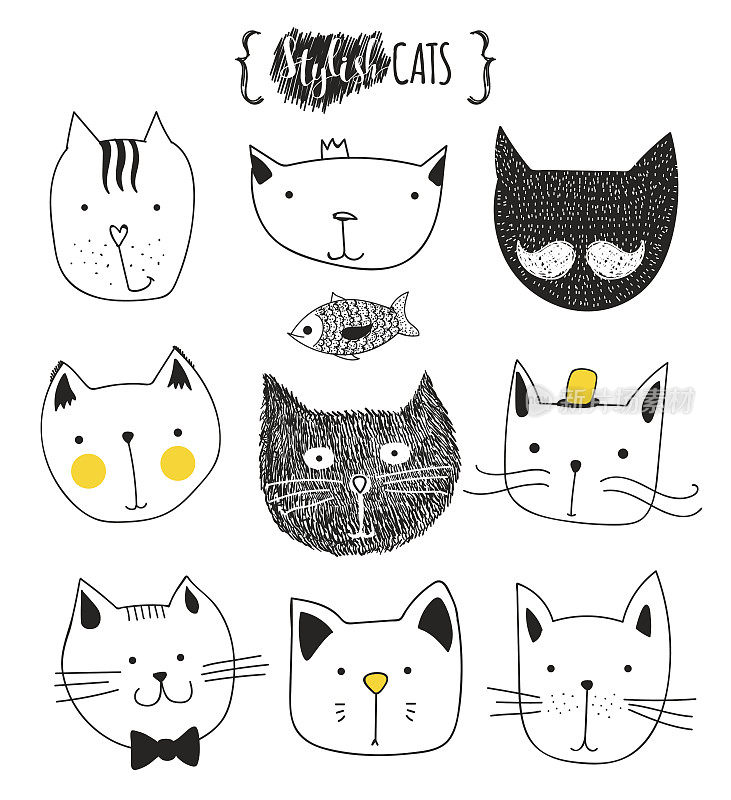 一组可爱的涂鸦猫。素描的猫。猫手工印刷