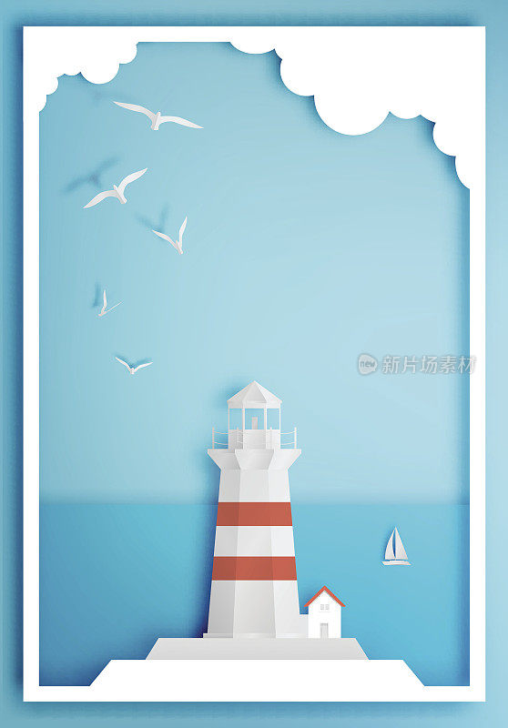 灯塔与海洋背景框架纸艺术