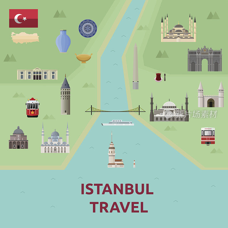 伊斯坦布尔景点地标地图。博斯普鲁斯大桥，蓝色的蚊子