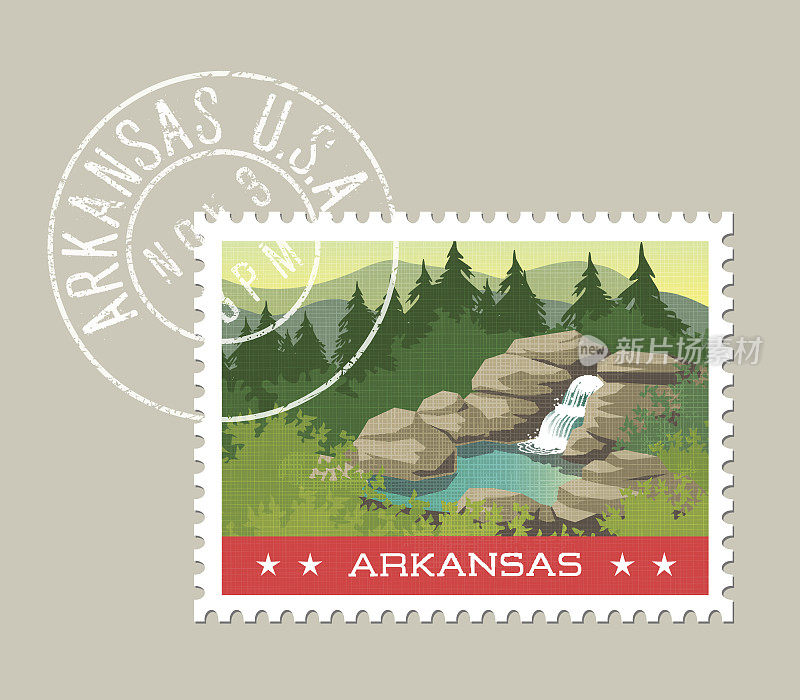 阿肯色州,邮票。欧扎克瀑布和温泉。