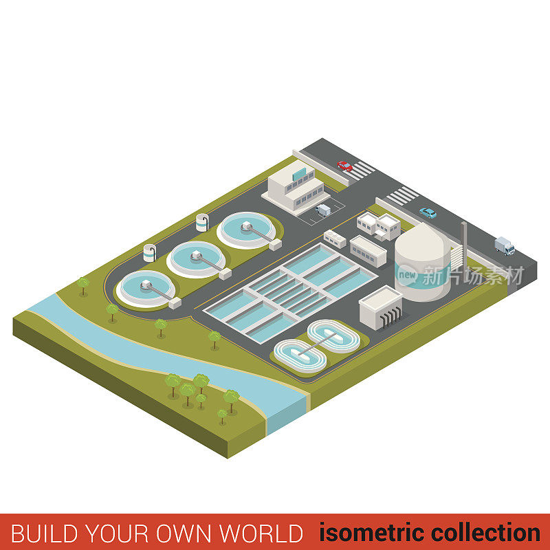 平面三维等距污水处理厂积木信息图概念。城市工业废水、污水坑、污水沉降坑。建立您自己的信息图表世界收藏。