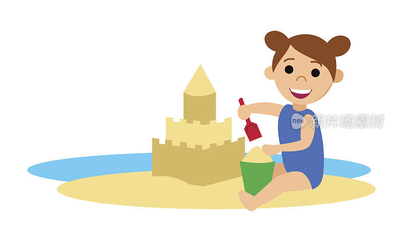 一个小女孩在海滩上堆了一座沙城堡。在白色背景上孤立的物体。