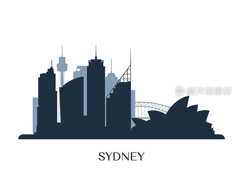 悉尼的天际线，单色剪影。矢量插图。
