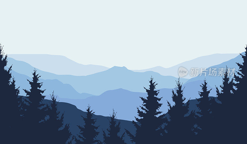 全景的冬季山地景观与森林和空间的文字，矢量插图