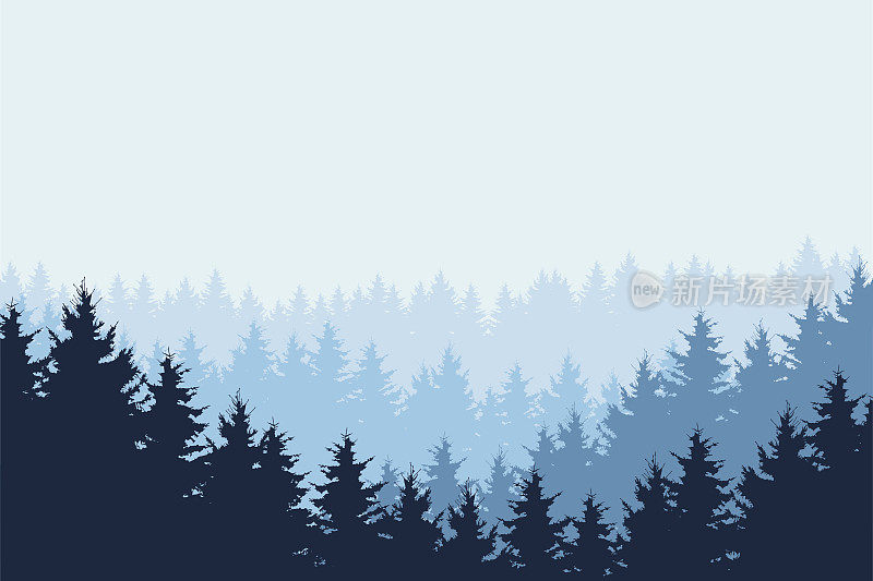 蓝色矢量图的森林在冬天的蓝天下，分层