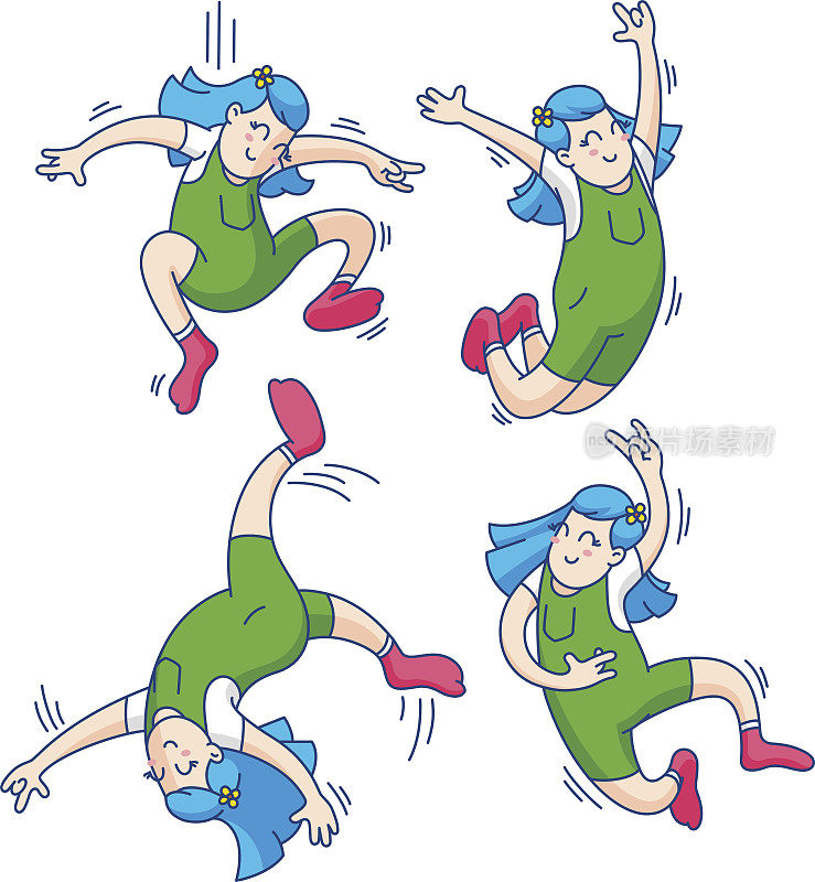 跳跃的孩子矢量插图孤立的白色背景。少女跳跃，同人物同风格，穿短袜，轮廓，平面设计