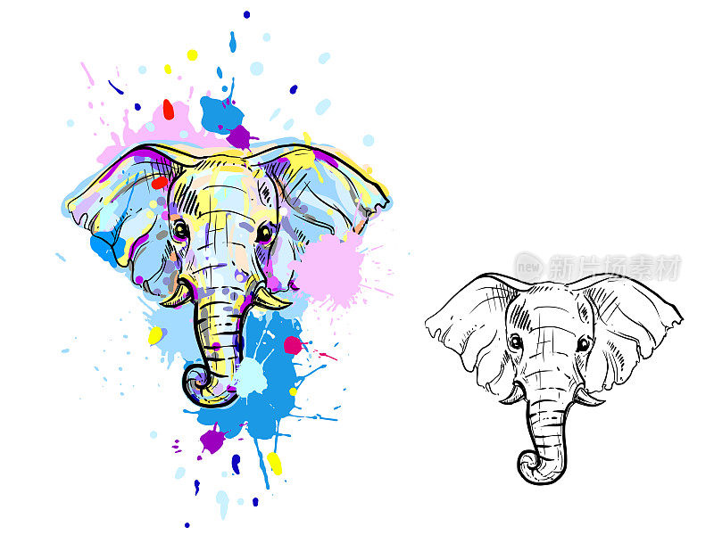 插图与颜色和单色大象