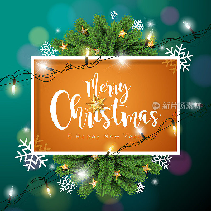 矢量圣诞快乐插图与印刷和节日灯花环，松树枝，雪花和观赏球的深绿色背景。