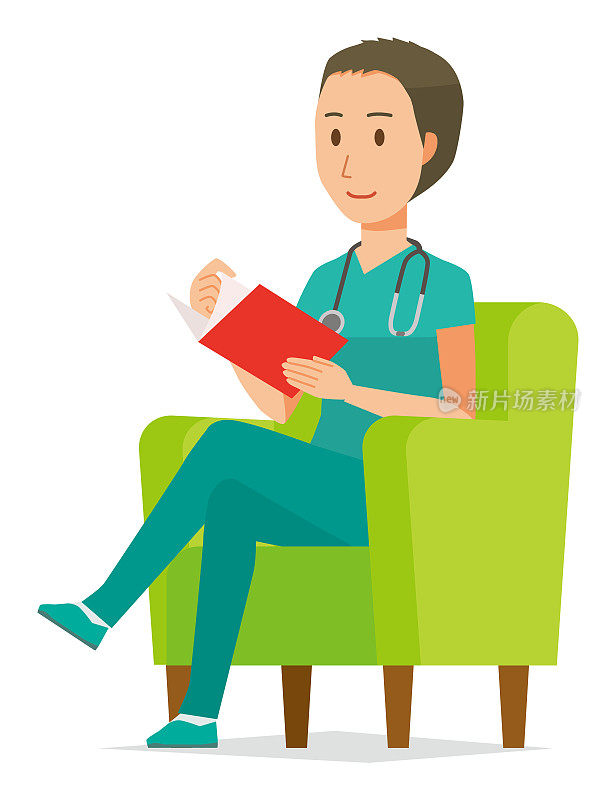 一位男医生穿着绿色的磨砂衣坐在沙发上看书