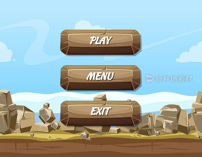 矢量卡通风格的石头按钮与文字为游戏设计的岩石和天空的背景